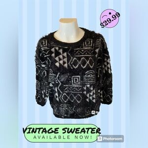 QED LONDON vintage Fluffy Black Abstract Sweater. Size S/M. New Without Tag.